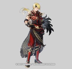 Rule 34 | 1boy, black feathers, black footwear, black gloves, black headband, black jacket, blonde hair, boots, closed mouth, commentary request, copyright notice, feathers, fire emblem, fire emblem heroes, fringe trim, full body, gloves, grey background, hair between eyes, hand on own hip, headband, jacket, jeorge (fire emblem), knee boots, long hair, looking at viewer, low ponytail, male focus, nintendo, official art, pants, parted bangs, ponytail, red eyes, red pants, riz3, short sleeves, simple background, solo, standing, watermark