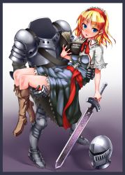 Rule 34 | 1girl, alice margatroid, armor, bad id, bad pixiv id, blonde hair, blue eyes, book, capelet, colorized, female focus, full armor, full body, gradient background, hairband, highres, kusakanmuri, short hair, solo, sword, touhou, unasaka ryou, weapon