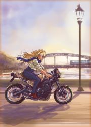 Rule 34 | 1girl, alternate costume, aqua eyes, austerlitz viaduct, blonde hair, blue scarf, boots, bridge, cloud, cloudy sky, commentary, commentary request, hair between eyes, high-waist pants, high heels, highres, kantai collection, lamppost, long hair, motor vehicle, motorcycle, pants, paris, richelieu (kancolle), river, scarf, seine river, shirt, sky, smile, solo, thrux, train, white shirt