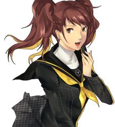 Rule 34 | 1girl, breasts, brown eyes, brown hair, collared shirt, hand up, highres, kujikawa rise, lips, looking at viewer, medium breasts, necktie, open mouth, persona, persona 4, pertex 777, plaid, plaid skirt, school uniform, shirt, simple background, skirt, smile, solo, twintails, white background, white shirt, yasogami school uniform