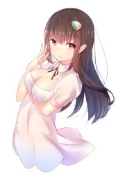 Rule 34 | 1girl, bad id, bad pixiv id, black hair, breast hold, breasts, brown eyes, cleavage, collarbone, detached collar, dress, hair ornament, hairclip, highres, long hair, looking at viewer, neck ribbon, original, parted lips, ribbon, see-through, short sleeves, simple background, solo, unagi donburi, unagidon (hakarigoto), upper body, white background, white dress