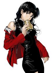 Rule 34 | 1girl, absurdres, beer can, breasts, brown eyes, can, cross, cross necklace, drink can, highres, jacket, jacket on shoulders, jewelry, katsuragi misato, long hair, looking at viewer, medium breasts, necklace, neon genesis evangelion, open clothes, open jacket, purple hair, red jacket, satou koromi, solo, standing, white background, wide hips