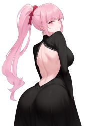 Rule 34 | 1girl, absurdres, ass, back, back cutout, black dress, bluefield, blush, breasts, closed mouth, clothing cutout, commentary, dress, english commentary, hair ribbon, high ponytail, highres, hololive, hololive english, lace, lace-trimmed dress, lace trim, large breasts, long hair, long sleeves, looking at viewer, looking back, mori calliope, pink eyes, pink hair, red ribbon, ribbon, simple background, smile, solo, v arms, virtual youtuber, white background