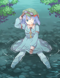 Rule 34 | 1girl, ;p, akagashi hagane, armband, blue eyes, blue hair, boots, brown gloves, dress, gloves, goggles, goggles on headwear, hair bobbles, hair ornament, hair ribbon, hat, kawashiro nitori, key, long sleeves, looking at viewer, matching hair/eyes, one eye closed, partially submerged, plant, ribbon, ripples, rubber boots, shirt, short hair, sitting, skirt, skirt set, solo, thigh boots, thighhighs, tongue, tongue out, touhou, tree, twintails, two side up, wading, water