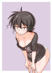 Rule 34 | 1girl, ahoge, black hair, black shirt, blouse, breasts, chestnut mouth, cleavage, cougar (cougar1404), downblouse, grey background, hair between eyes, leaning forward, looking at viewer, nari (cougar1404), no bra, no pants, panties, shirt, short hair, simple background, solo, standing, translated, underwear