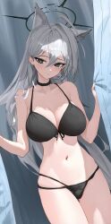 Rule 34 | absurdres, ahoge, alternate costume, animal ear fluff, animal ears, bare shoulders, bed sheet, bikini, black bikini, black choker, black halo, blue archive, breasts, broken halo, choker, cleavage, commentary request, extra ears, grey eyes, grey hair, halo, highres, large breasts, looking at viewer, mismatched pupils, navel, qualia (quaquaqualia), sheet grab, shiroko (blue archive), shiroko terror (blue archive), stomach, swimsuit, thighs, wolf ears, wolf girl