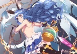 Rule 34 | 10s, 1girl, animal ears, ass, backless dress, backless outfit, belt, belt skirt, black gloves, black thighhighs, blue hair, blue skirt, breasts, chain, dress, dutch angle, earrings, erune, ferry (granblue fantasy), from behind, gloves, granblue fantasy, highres, hoop earrings, jewelry, long hair, looking at viewer, mku, outstretched arm, pouty lips, rabbit ears, serious, sideboob, single earring, skirt, solo, thighhighs, thighs, wavy hair, whip, yellow eyes