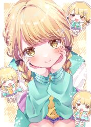 Rule 34 | 1girl, absurdres, blonde hair, blue skirt, blush, braid, chibana sora, chibi, chibi inset, commentary request, fujita kotone, gakuen idolmaster, hands on own cheeks, hands on own face, highres, idolmaster, jacket, long hair, long sleeves, looking at viewer, multicolored clothes, multicolored jacket, shirt, skirt, smile, twin braids, yellow eyes, yellow shirt