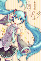 Rule 34 | 1girl, :o, aqua eyes, aqua hair, artist name, bad id, bad pixiv id, character name, detached sleeves, floating hair, happy birthday, hatsune miku, headset, long hair, necktie, open mouth, skirt, solo, striped, striped background, thighhighs, twintails, very long hair, vocaloid, yamo, yamo (sky2world)
