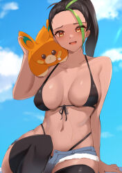 Rule 34 | 1girl, absurdres, alternate costume, bare shoulders, bikini, black bikini, black hair, blue shorts, blue sky, blush, breasts, cloud, collarbone, commentary request, creatures (company), cutoffs, dark-skinned female, dark skin, day, foreshortening, freckles, front-tie bikini top, front-tie top, game freak, haneramu, highleg, highleg bikini, highres, large breasts, looking at viewer, meme, multicolored hair, navel, nemona (pokemon), nintendo, oh! pamo-san (meme), on shoulder, open fly, open mouth, outdoors, pawmi, pokemon, pokemon (creature), pokemon on shoulder, pokemon sv, revision, short shorts, shorts, sitting, skindentation, sky, stomach, streaked hair, swimsuit, teeth, thighhighs, thighs, upper teeth only, wet