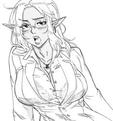 Rule 34 | 1girl, ahoge, bb (baalbuddy), blush, bra, breasts, cleavage, collared shirt, dark elf, dark skin, earrings, elf, frilled bra, frills, glasses, greyscale, jacket, jewelry, large breasts, long hair, long sleeves, looking at viewer, monochrome, necklace, open clothes, open jacket, original, pointy ears, popped collar, see-through, shirt, simple background, solo, underwear, upper body, white background, wing collar