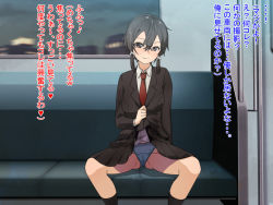 Rule 34 | 1girl, asada shino, black hair, black skirt, blue panties, cameltoe, clothes lift, glasses, hair between eyes, jacket, lifting own clothes, looking at viewer, low twintails, necktie, panties, pleated skirt, red necktie, semi-rimless eyewear, skirt, skirt lift, smile, solo, spread legs, suit jacket, sword art online, train interior, translation request, twintails, underwear, vogelschwein