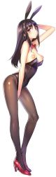 Rule 34 | 1girl, animal ears, arm behind head, bad id, bad twitter id, black eyes, black hair, black pantyhose, bow, bowtie, breasts, breasts out, detached collar, fake animal ears, full body, high heels, highres, large breasts, leotard, long hair, long legs, looking at viewer, mokyu (kukoudesu), nipple slip, nipples, pantyhose, playboy bunny, rabbit ears, red bow, red bowtie, red footwear, shiny clothes, shoes, sidelocks, simple background, solo, white background