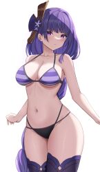 Rule 34 | 1girl, absurdres, bikini, blush, breasts, curvy, dokimaru, genshin impact, hair ornament, highres, large breasts, long hair, looking at viewer, navel, purple eyes, purple hair, raiden shogun, simple background, solo, swimsuit, thick thighs, thighhighs, thighs, white background