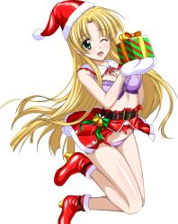 Rule 34 | 10s, 1girl, asia argento, belt, blonde hair, boots, box, bra, breasts, covered erect nipples, gift, gift box, gloves, green eyes, hat, high school dxd, highres, long hair, medium breasts, one eye closed, open mouth, panties, purple bra, purple panties, red footwear, red hat, red skirt, santa boots, santa hat, shiny skin, shirt, skirt, sleeveless, solo, torn clothes, torn shirt, torn skirt, transparent background, underwear, very long hair, white gloves