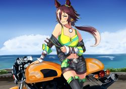 Rule 34 | 1girl, :d, absurdres, bare shoulders, belt, black footwear, black jacket, black shorts, blue sky, boots, brown hair, cloud, cloudy sky, grin, hair over one eye, highres, horse girl, jacket, long hair, looking at viewer, motor vehicle, motorcycle, navel, open mouth, osushi961, outdoors, ponytail, shirt, shorts, sky, smile, solo, stopwatch, stopwatch around neck, teeth, thigh boots, umamusume, vodka (umamusume), watch, yellow eyes, yellow shirt