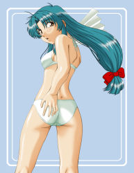 Rule 34 | 00s, 1girl, ass, ass grab, back, blue hair, bra, brown eyes, chidori kaname, dimples of venus, framed, from behind, full metal panic!, grabbing own ass, hand fan, harisen, lingerie, long hair, looking back, low-tied long hair, misnon the great, outside border, panties, solo, standing, surprised, swimsuit, trefoil, underwear, underwear only, white bra, white panties