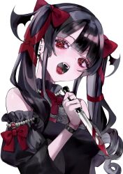 Rule 34 | 1girl, black hair, blood, bloody knife, bow, curly hair, fang, gem, genkaiiti, hair bow, hair ornament, highres, holding, holding knife, jewelry, knife, lace, makeup, necklace, open mouth, original, pearl (gemstone), pearl necklace, red eyes, twintails