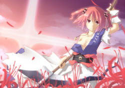 Rule 34 | 1girl, absurdres, arm up, bare shoulders, breasts, cleavage, coin, female focus, flower, hair bobbles, hair ornament, highres, jewelry, large breasts, looking at viewer, necklace, obi, off shoulder, onozuka komachi, pendant, petals, red eyes, red hair, sash, scythe, shirt, skirt, sky, smile, solo, spider lily, torn clothes, torn sleeves, touhou, twintails, two side up, yuuki eishi