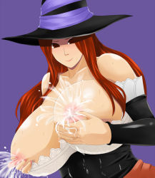 Rule 34 | bare shoulders, breast hold, breasts, breasts out, brown eyes, brown hair, covered erect nipples, detached sleeves, dragon&#039;s crown, dress, hat, huge breasts, lactation, large areolae, long hair, mizuno kakeru, nipples, sorceress (dragon&#039;s crown), strapless, strapless dress, vanillaware, witch, witch hat