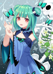 Rule 34 | 1girl, :d, animal, bare shoulders, blue dress, blue sleeves, blunt bangs, blush, bug, butterfly, commentary request, detached sleeves, double bun, dress, flower, green hair, hair bun, hair ornament, hands up, hololive, insect, long sleeves, looking at viewer, md5 mismatch, open mouth, red eyes, resolution mismatch, ribs, skull, skull hair ornament, sleeveless, sleeveless dress, smile, solo, source smaller, tukino neru, uruha rushia, uruha rushia (1st costume), virtual youtuber, white flower, wide sleeves