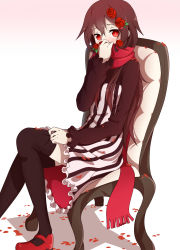 Rule 34 | 1girl, blush, brown hair, chair, dress, flower, gradient background, hair flower, hair ornament, highres, kagerou project, kentsdesign, long hair, red eyes, red footwear, rose, shoes, simple background, sitting, solo, striped, tateyama ayano, thighhighs, vertical stripes