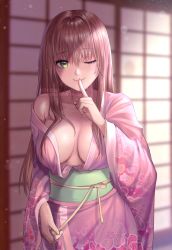 Rule 34 | 1girl, after bathing, alternate hairstyle, breasts, breasts apart, brown hair, cleavage, commission, doki doki literature club, finger in own mouth, finger to mouth, green eyes, hair down, highres, index finger raised, indoors, japanese clothes, kimono, large breasts, long hair, looking at viewer, monika (doki doki literature club), no bra, pink kimono, potetos7, single bare shoulder, solo, sweat, water drop, wet, wet hair, yukata