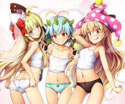Rule 34 | 3girls, ^^^, adjusting clothes, ahoge, antennae, aqua panties, arched back, arm behind head, arm up, ass, bare arms, bare shoulders, black panties, blonde hair, blue eyes, blue hair, blush, bow, breasts, butterfly wings, cameltoe, chima q, closed mouth, clownpiece, collarbone, cowboy shot, d:, diagonal stripes, eternity larva, eyes visible through hair, fairy, fairy wings, flat chest, from side, gluteal fold, hair between eyes, hat, hat bow, heart, highres, insect wings, jester cap, leaf, leaf on head, legs apart, lens flare, light blue hair, lily white, long hair, looking at viewer, multiple girls, open mouth, panties, pink headwear, polka dot, polka dot headwear, red bow, red eyes, short hair, skin tight, small breasts, smile, standing, striped, striped background, surprised, sweatdrop, tank top, taut clothes, thigh gap, thighs, tilted headwear, touhou, transparent wings, underwear, very long hair, white headwear, white panties, white tank top, wings