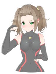 Rule 34 | 1girl, absurdres, bare shoulders, black bodysuit, black gloves, blush, bodysuit, breasts, commentary request, cropped torso, elbow gloves, fingerless gloves, forehead, gloves, green eyes, hair ornament, hands up, highres, kamidan, light brown hair, looking at viewer, medium hair, parted lips, paw pose, shania (xenoblade), simple background, skin tight, small breasts, solo, turtleneck, twintails, white background, x hair ornament, xenoblade chronicles (series), xenoblade chronicles 3