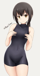 Rule 34 | 10s, 1girl, alternate costume, bare shoulders, black eyes, black hair, blush, brown eyes, closed mouth, collarbone, commentary request, covered navel, covering privates, covering nipples, cowboy shot, flat chest, fubuki (kancolle), fuuma nagi, grey background, halterneck, kantai collection, leaning, light smile, long hair, looking at viewer, low ponytail, no bra, ponytail, sidelocks, simple background, skin tight, smile, standing, thighs, turtleneck, twitter username, unitard