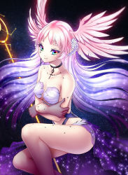 Rule 34 | 1girl, bad id, bad pixiv id, breasts, choker, cleavage, closed mouth, collarbone, commission, cross, cross necklace, crossed arms, earrings, feathered wings, floating hair, flower, gigamessy, gradient hair, hair flower, hair ornament, head wings, holding, holding staff, jewelry, long hair, medium breasts, multicolored eyes, multicolored hair, necklace, original, pink hair, pink wings, pointy ears, purple hair, see-through, silver hair, sitting, smile, solo, staff, very long hair, white flower, wings