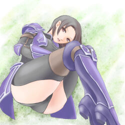 Rule 34 | 1girl, arm guards, armor, ass, adventurer (ff11), black leotard, boots, dragoon (final fantasy), faulds, final fantasy, final fantasy xi, greaves, grey hair, hume, knee boots, leotard, looking to the side, lying, on side, parted lips, pink eyes, purple armor, purple footwear, sakutsuki, short hair, shoulder armor, solo, thighs