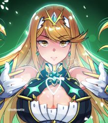 Rule 34 | 1girl, blonde hair, breasts, circlet, cleavage, dress, earrings, gloves, glowing, green background, heart, highres, jewelry, large breasts, long hair, looking at viewer, meowyin, mythra (xenoblade), open mouth, teeth, white dress, white gloves, xenoblade chronicles (series), xenoblade chronicles 2, yellow eyes