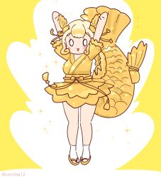 Rule 34 | 1girl, arms up, blonde hair, coroha, fins, fish girl, fish tail, full body, hair ornament, japanese clothes, jumping, kemono friends, kimono, kinshachi (kemono friends), looking at viewer, ribbon, sandals, short hair, simple background, solo, tabi, tail, yellow background, zouri