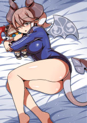 Rule 34 | 1girl, alternate costume, ass, bed, demon girl, demon tail, demon wings, diti (selecta), duel monster, full body, grey eyes, jacket, knight (yu-gi-oh!), lovely labrynth of the silver castle, lying, hugging object, on bed, one eye closed, pointy ears, shade, solo, stuffed toy, tail, track jacket, white hair, wings, yu-gi-oh!, zipper