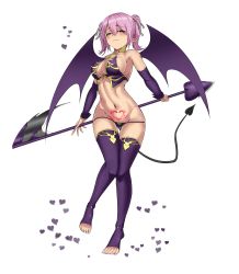 Rule 34 | 1girl, absurdres, blush, breasts, cleavage, demon girl, demon tail, detached sleeves, full body, gluteal fold, heart, heart tail, highres, holding, holding weapon, jito (mesuki nitouhei), looking at viewer, navel, original, pointy ears, pubic tattoo, purple eyes, purple hair, purple thighhighs, revealing clothes, short hair, simple background, smile, solo, tail, tattoo, thighhighs, toeless legwear, toes, twintails, weapon, white background, wings