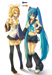 Rule 34 | 2girls, aqua eyes, aqua hair, armpits, belt, blonde hair, blue eyes, boots, cosplay, costume switch, detached sleeves, hair ornament, hairclip, hatsune miku, hatsune miku (cosplay), highres, kagamine rin, kagamine rin (cosplay), kamisakai, long hair, midriff, multiple girls, navel, necktie, open mouth, simple background, skirt, smile, thigh boots, thighhighs, twintails, very long hair, vocaloid