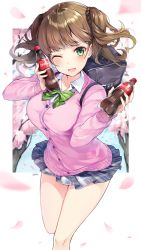 Rule 34 | 1girl, blush, bottle, braid, breasts, brown hair, cherry blossoms, cola, collarbone, commentary request, green eyes, green ribbon, grey skirt, holding, holding bottle, jacket, long sleeves, looking at viewer, medium breasts, medium hair, miniskirt, one eye closed, open mouth, original, pink jacket, plaid, plaid skirt, pleated skirt, ribbon, ringozaka mariko, school uniform, skirt, smile, solo, thighs, two side up