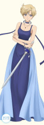 Rule 34 | 1girl, bishoujo senshi sailor moon, bishoujo senshi sailor moon crystal, blonde hair, blue choker, blue dress, blue eyes, breasts, choker, cleavage, collarbone, dress, earrings, full body, hair between eyes, hair intakes, highres, holding, holding sword, holding weapon, jewelry, long dress, looking at viewer, medium breasts, morimoon, parted lips, pendant, short hair, simple background, sleeveless, sleeveless dress, solo, spaghetti strap, standing, sword, ten&#039;ou haruka, weapon, white background