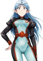 Rule 34 | 1girl, blue eyes, blue hair, bodysuit, breasts, circlet, closed mouth, forehead jewel, gluteal fold, highres, lafiel, long hair, looking at viewer, pointy ears, seikai no senki, simple background, smile, solo, standing, tsurui, white background