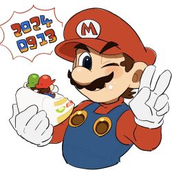 Rule 34 | 2024, 2boys, blue eyes, blue overalls, brown hair, cake, cake slice, facial hair, food, gloves, hat, highres, luigi, male focus, mario, mario (series), mimimi (mimimim9999), multiple boys, mustache, nintendo, one eye closed, overalls, shirt, short hair, v, white gloves