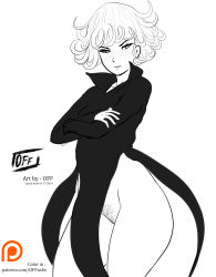 Rule 34 | 1girl, absurdres, black dress, blush, collar, collarbone, crossed arms, dress, female focus, highres, long sleeves, looking away, no panties, one-punch man, simple background, solo, tatsumaki, thick thighs, thighs, white background