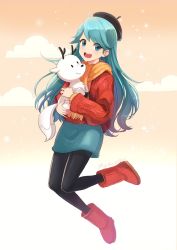 Rule 34 | 1girl, animal, beret, black pantyhose, blue eyes, blue hair, boots, cloud, full body, hat, hilda, hilda (hilda), holding, holding animal, long hair, looking at viewer, mikmix, open mouth, pantyhose, red footwear, scarf, skirt, sky, smile, star (sky), twig (hilda)