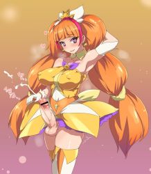 Rule 34 | 1girl, amanogawa kirara, arm up, armpits, bare shoulders, blush, breasts, censored, cure twinkle, covered erect nipples, erection, full-package futanari, futanari, go! princess precure, hair ornament, heart, heart-shaped pupils, large breasts, large penis, long hair, looking at viewer, open mouth, orange hair, penis, precure, saliva, solo, standing, symbol-shaped pupils, testicles, twintails, ubanis, veins, veiny penis, very long hair