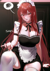 Rule 34 | 1girl, absurdres, alternate costume, apron, artist name, bare shoulders, black choker, black dress, breasts, choker, cleavage, commentary, dress, elesis (elsword), elsword, english commentary, enmaided, fingernails, hair between eyes, highres, indoors, large breasts, long hair, looking at viewer, maid, maid headdress, red eyes, red hair, sabi (ghke4333), sitting, sleeveless, sleeveless dress, solo, sweatdrop, thighhighs, thighs, very long hair, waist apron, white apron, white thighhighs