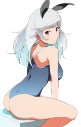 Rule 34 | 1girl, ass, bare shoulders, breasts, competition school swimsuit, from side, haseneko, highres, large breasts, long hair, looking at viewer, looking back, one-piece swimsuit, original, pink eyes, purple eyes, school swimsuit, silver hair, sitting, solo, swimsuit, thighs