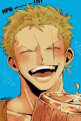 Rule 34 | 1boy, :d, ^ ^, alcohol, beer, blush, closed eyes, green hair, happy, happy birthday, highres, laughing, male focus, namakemono hina, one piece, open mouth, portrait, roronoa zoro, scar, scar across eye, short hair, smile, solo