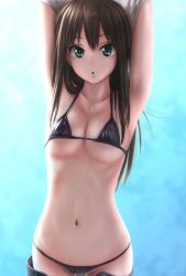 Rule 34 | 10s, 1girl, :o, akahige, armpits, arms behind head, arms up, bikini, black bikini, breasts, brown hair, cleavage, covered erect nipples, green eyes, idolmaster, idolmaster cinderella girls, jewelry, long hair, looking at viewer, micro bikini, navel, necklace, open mouth, shibuya rin, solo, standing, swimsuit, thigh gap, underboob, undressing