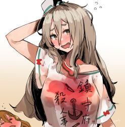 Rule 34 | 2girls, alternate costume, arm up, blush, breasts, brown eyes, brown hair, clothes writing, dirty, dirty clothes, drooling, gradient background, hair between eyes, hat, highres, kantai collection, large breasts, long hair, looking at viewer, messy hair, mini hat, mouth drool, multiple girls, nose blush, off shoulder, open mouth, pola (kancolle), shirt, short sleeves, signature, simple background, sunday aki, t-shirt, upper body, very long hair, white shirt, zara (kancolle)
