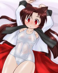 Rule 34 | 1girl, animal ears, blush, breasts, brown hair, cowboy shot, imaizumi kagerou, long hair, on bed, one-piece swimsuit, red eyes, school swimsuit, shiny skin, shirt, skirt, solo, swimsuit, touhou, undressing, white one-piece swimsuit, white school swimsuit, winn, wolf ears